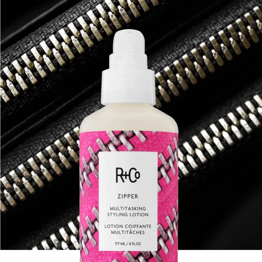 R+Co Zipper Styling Lotion in Pink and White
